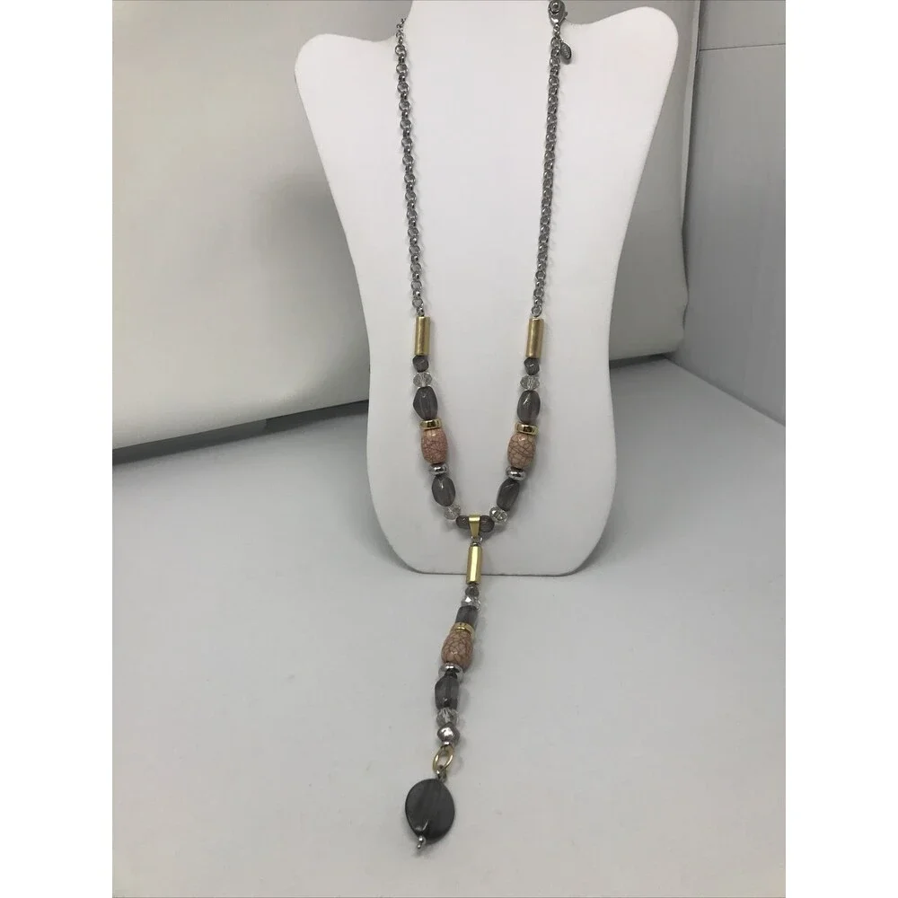 CHICO'S Necklace Chunky Beads Pink Gray Clear Gold Tone Statement